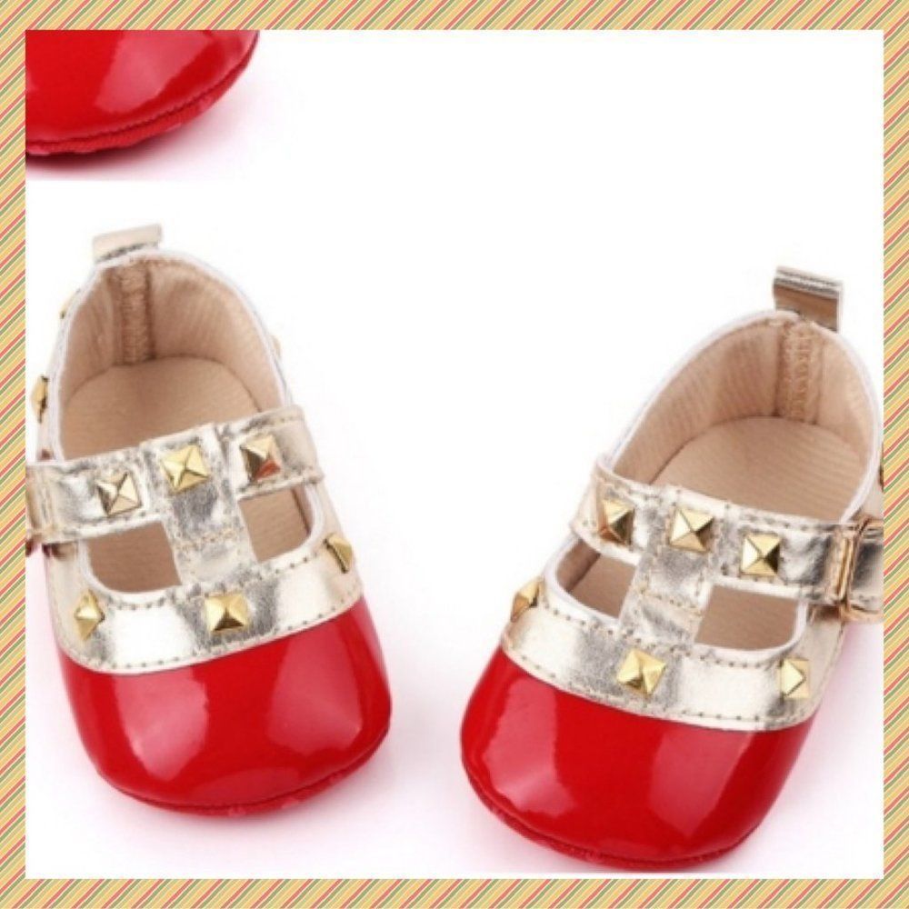 NWT, Baby Shoes in Red & Silver Patent Leather w/Gold Studs - Infant Sizes 0-12m - Picture 2 of 2